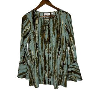 Belle by Kim Gravel Blue Green Abstract Print Tunic Top M Bell Sleeves Artistic